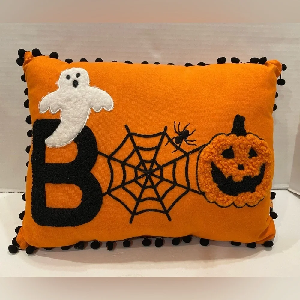 Halloween BOO Ghost Pumpkin Spider Orange Decorative 13”x18” Pillow NWT